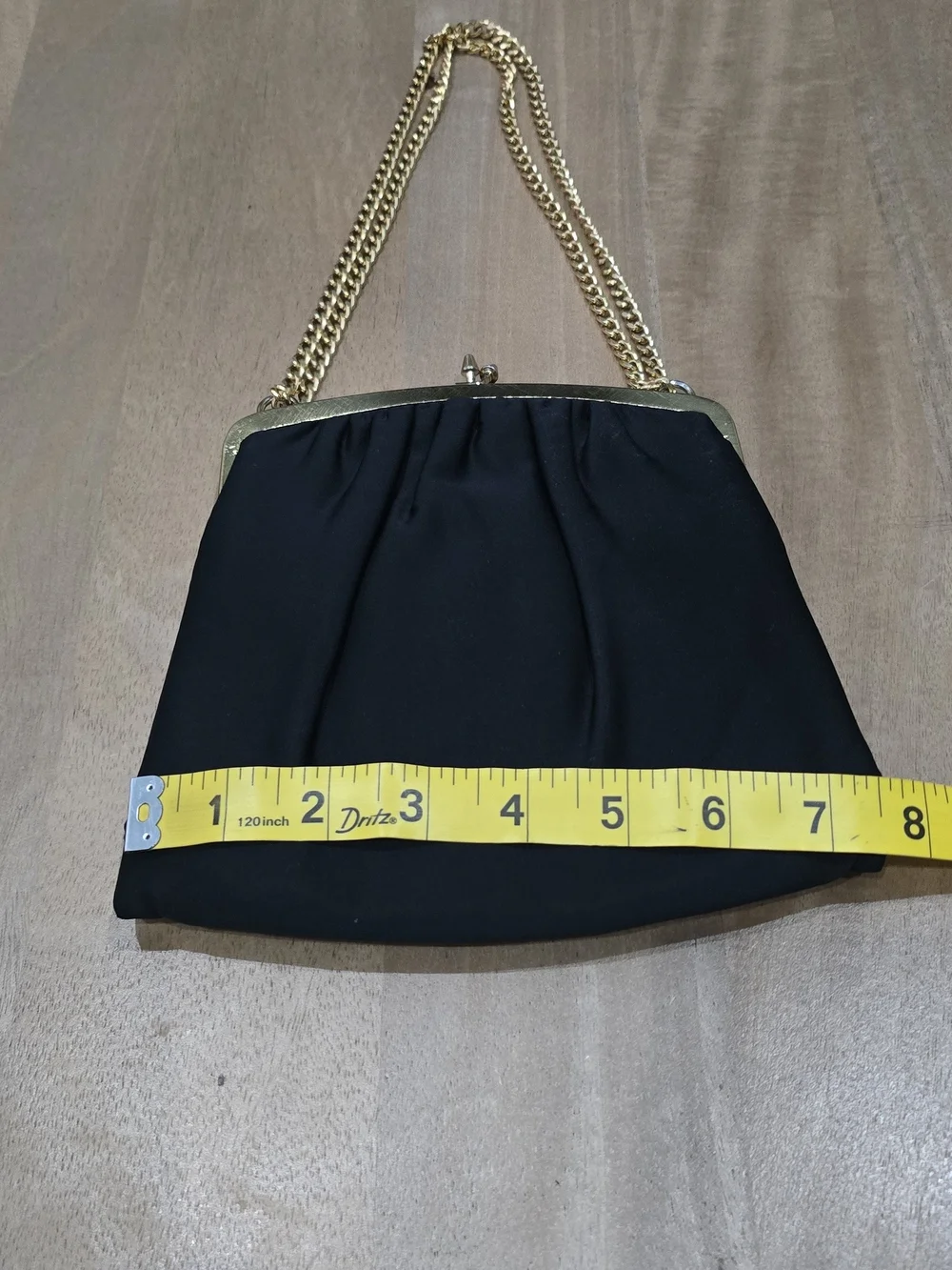 Vintage 50s 60s Black Crepe Evening Clutch Bag Gold Chain Kiss Lock Purse